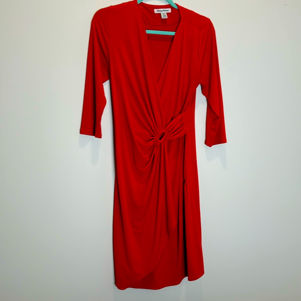 Tommy Bahama Small Petite Red Stretchy Faux Wrap Cherry Red Dress